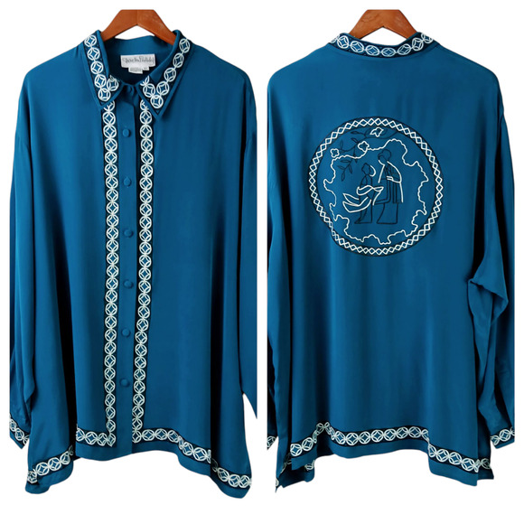 Diane Von Furstenberg SZ 3X Silk Button Front Blouse Embroidery Back Medallion - Picture 1 of 6